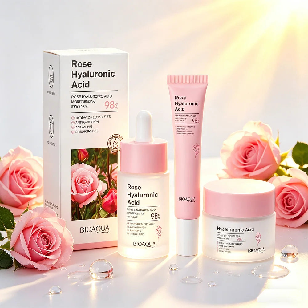 Rose Facial Care Set – Hyaluronic Essence, Eye Cream & Moisturizing Cream