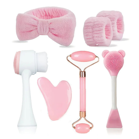 Kit Soin Visage 7 Pièces – Brosse, Rouleau, Bandeau & Accessoires Nettoyants