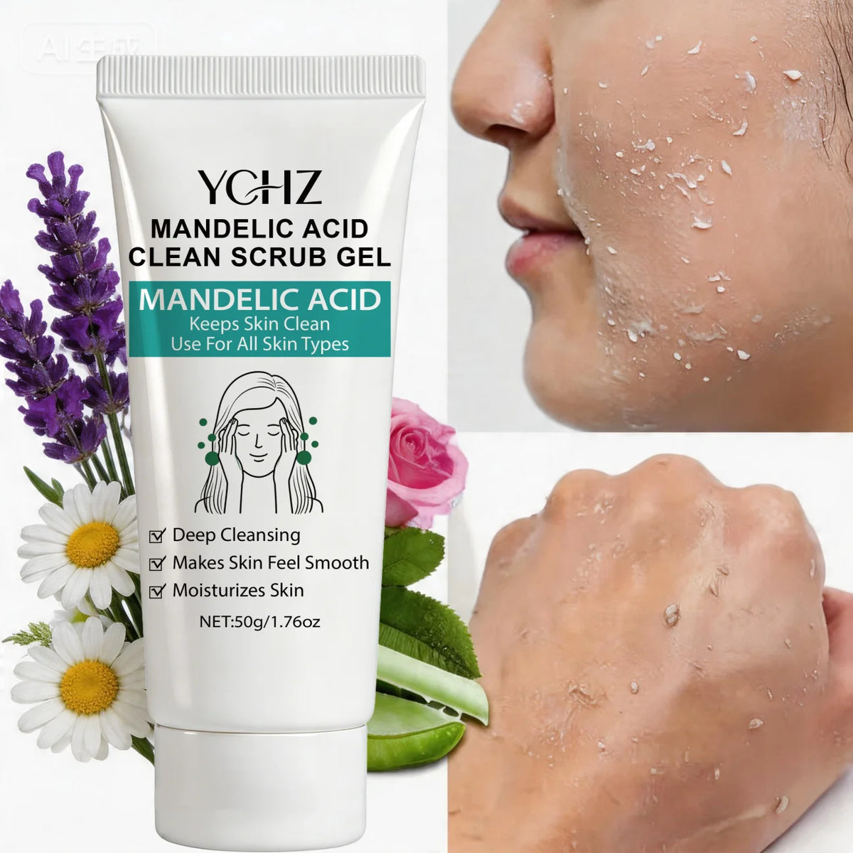 Gel Nettoyant à l'Acide Mandélique YCHZ 50g – Pores Désincrustés, Aloe Vera & Essence de Rose | Peau Lisse