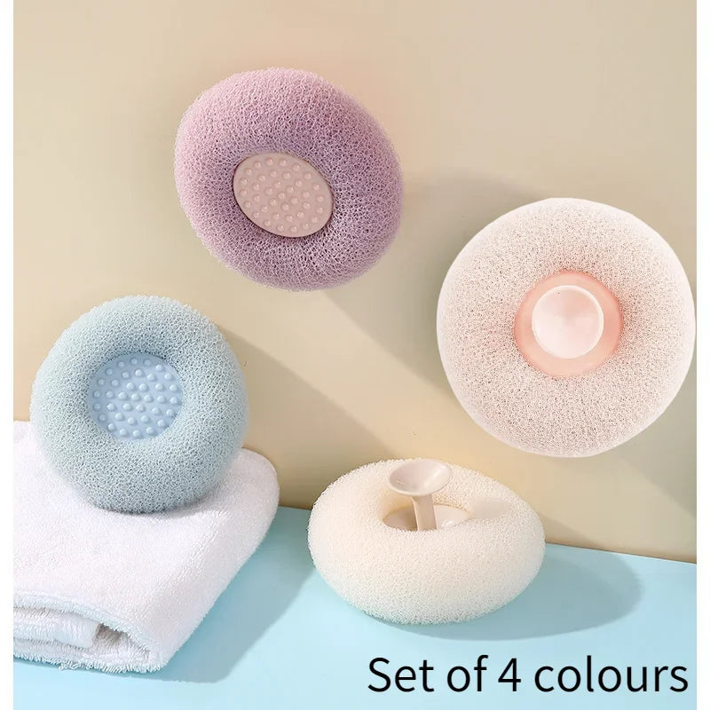 Éponge de bain circulaire pour massage – 4 pièces, filet moussant avec ventouse