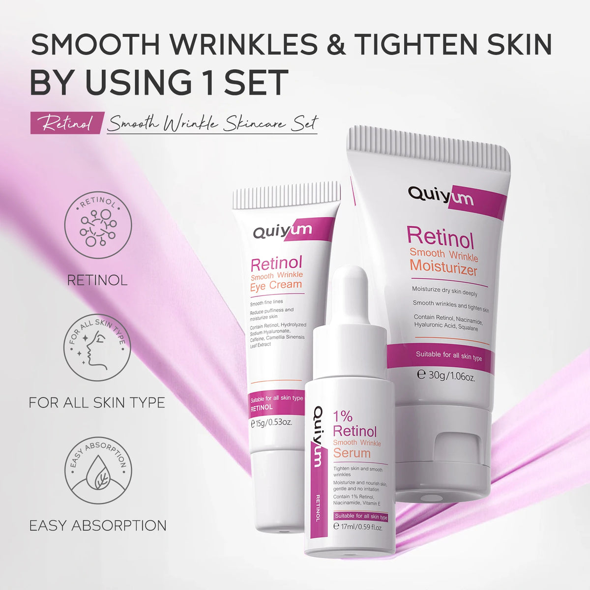 QUIYUM Coffret Soin Anti-Rides au Rétinol – Sérum, Contour des Yeux & Crème