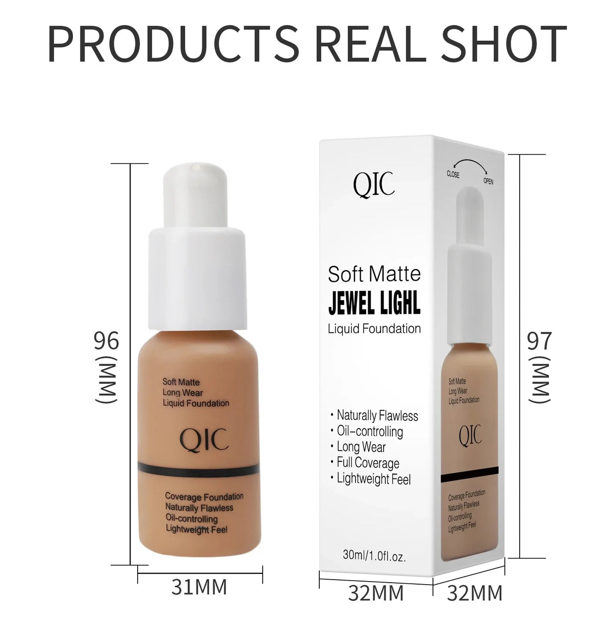 Fond de Teint Liquide Mat QIC 60g – 5 Teintes, Couvrance Totale & Waterproof Longue Tenue