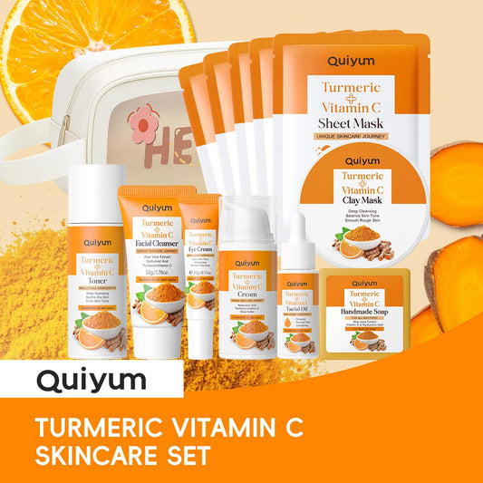 Coffret Soin Visage 13 Pièces QUIYUM | Curcuma & Vitamine C | Certifié CPNP + Trousse Offerte