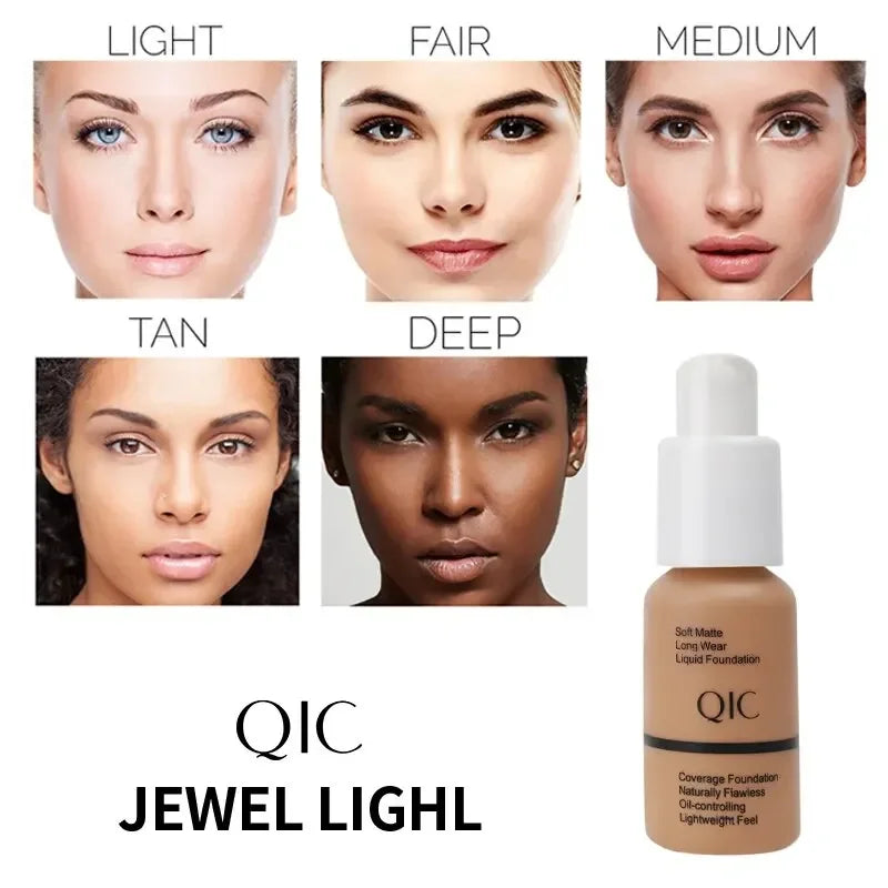 Fond de Teint Liquide Mat QIC 60g – 5 Teintes, Couvrance Totale & Waterproof Longue Tenue