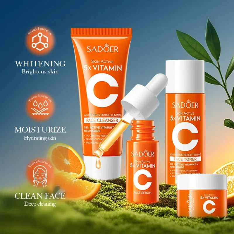 Coffret Soin Visage Vitamine C 5 Pièces – Nettoyant, Tonique, Sérum, Crème – Éclat, Hydratation, Lissage & Soin des Pores – Routine Coréenne