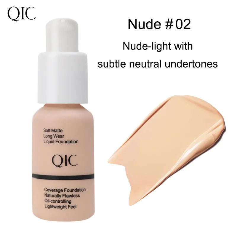 Fond de Teint Liquide Mat QIC 60g – 5 Teintes, Couvrance Totale & Waterproof Longue Tenue