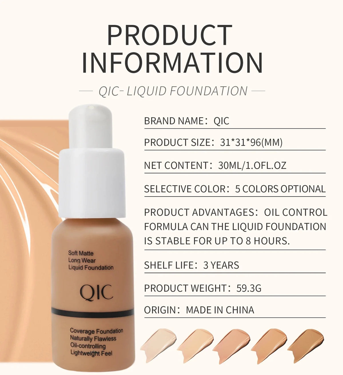 Fond de Teint Liquide Mat QIC 60g – 5 Teintes, Couvrance Totale & Waterproof Longue Tenue