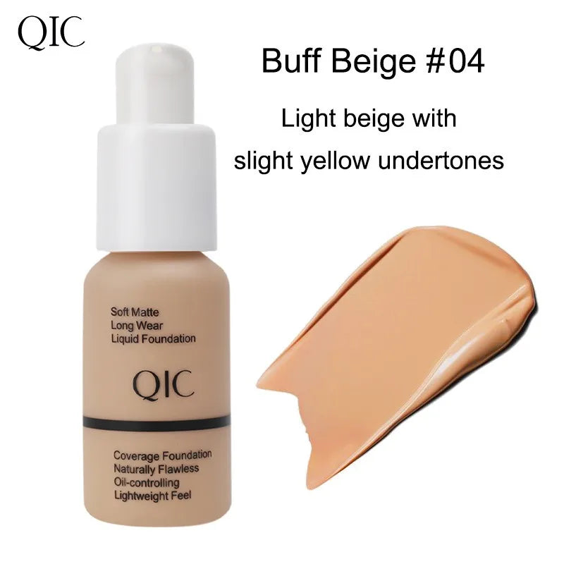 Fond de Teint Liquide Mat QIC 60g – 5 Teintes, Couvrance Totale & Waterproof Longue Tenue
