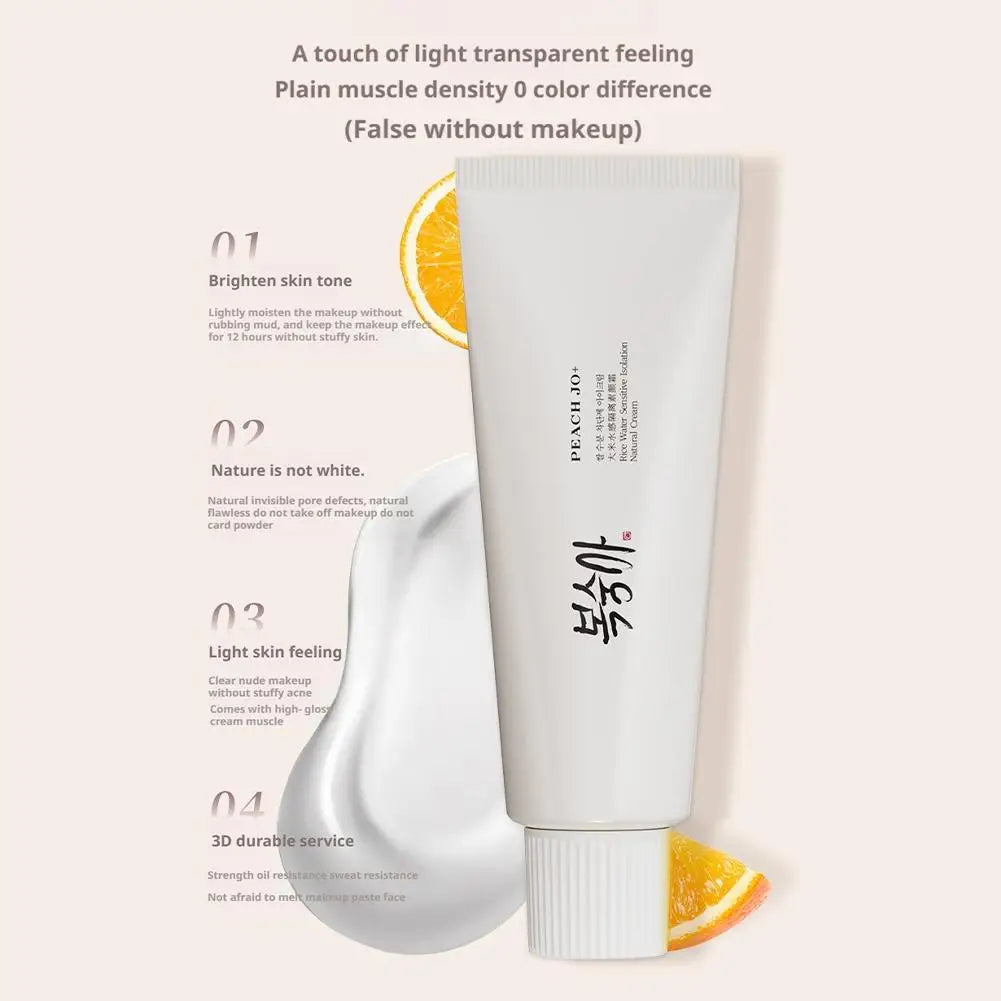 Crème Primer Extrait de Riz SPF50+ 50g – Hydratante, Éclat & Couvrance Légère Style Coréen