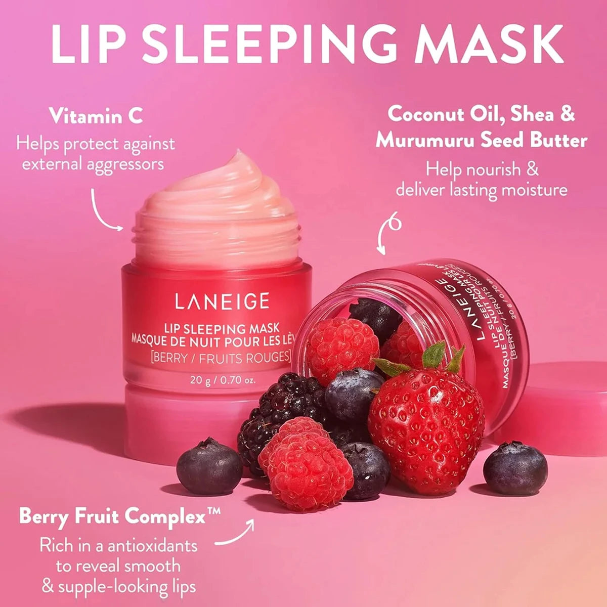 Laneige Masque de Nuit pour les Lèvres 20g – Hydratation Longue Durée, Texture Gel-Crème, Soin Coreen