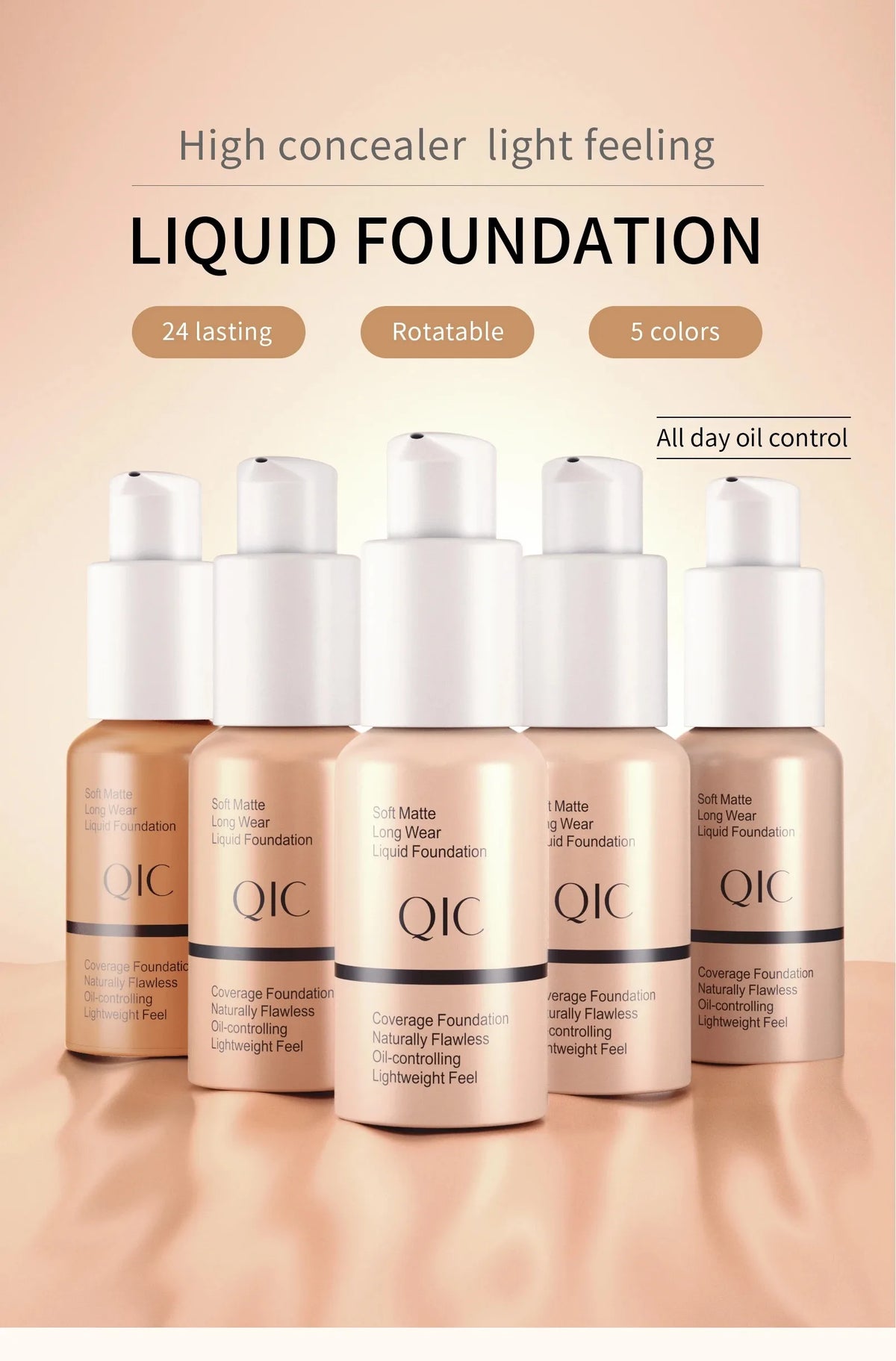 Fond de Teint Liquide Mat QIC 60g – 5 Teintes, Couvrance Totale & Waterproof Longue Tenue