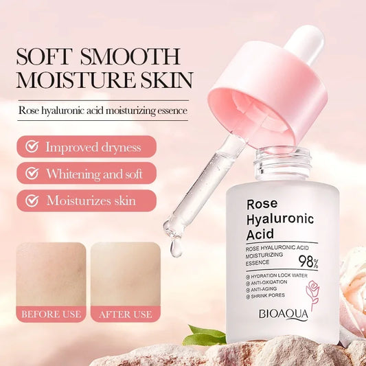 Coffret Soin Visage à la Rose – Essence Hyaluronique, Crème Yeux & Crème Hydratante