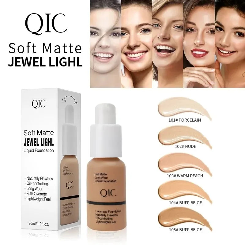 Fond de Teint Liquide Mat QIC 60g – 5 Teintes, Couvrance Totale & Waterproof Longue Tenue