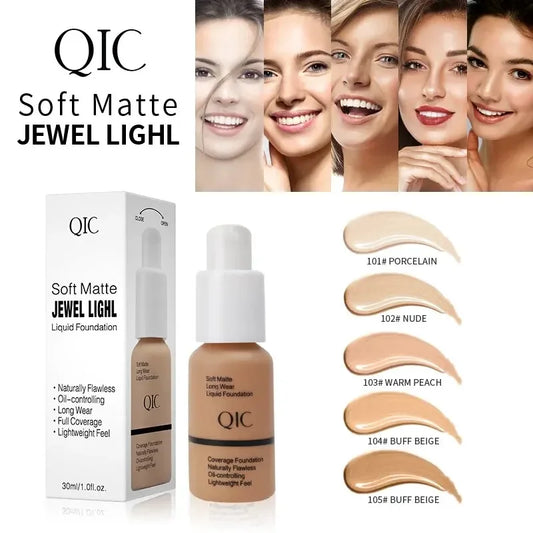 Fond de Teint Liquide Mat QIC 60g – 5 Teintes, Couvrance Totale & Waterproof Longue Tenue