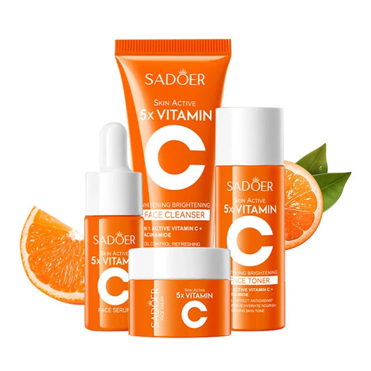 Coffret Soin Visage Vitamine C 5 Pièces – Nettoyant, Tonique, Sérum, Crème – Éclat, Hydratation, Lissage & Soin des Pores – Routine Coréenne